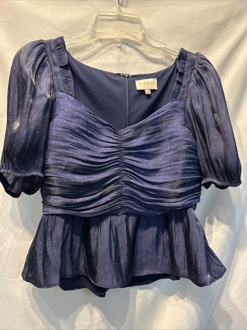 CIEBON Size Small Blue Satin Ruched Bodice Blouse Sheer Peplum Hem Top